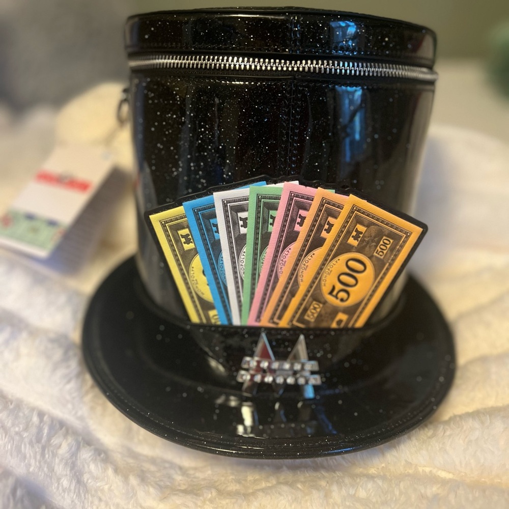 Loungefly Black Glitter Top Hat Bag with Monopoly Money Design 90th Anniversary!